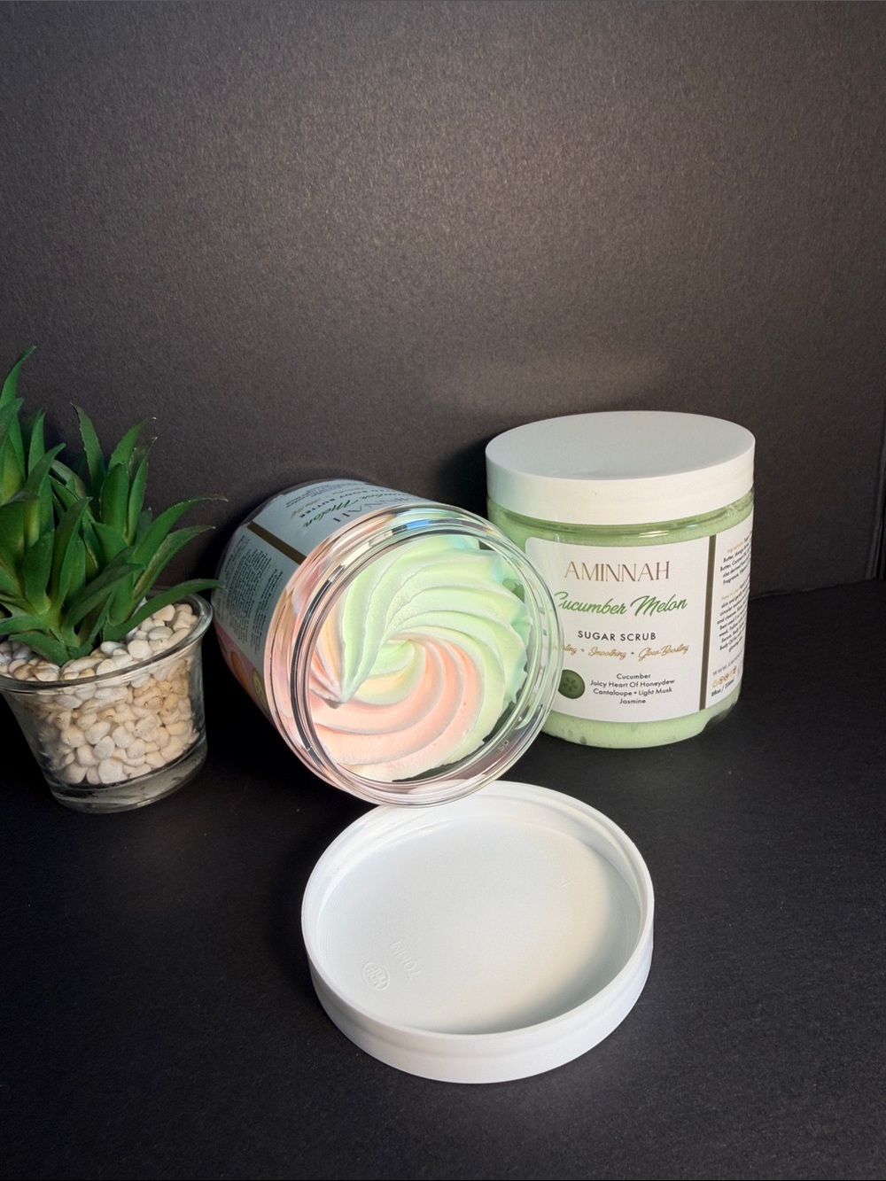 Aminnah Cucumber Melon Whipped Body Butter 
Cucumber Melon Sugar Scrub 8oz
